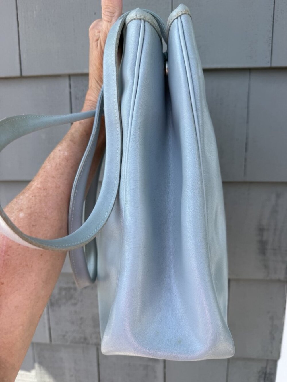 Vintage 90s Longchamp light blue leather double handle shoulder bag preppy - Picture 12 of 16